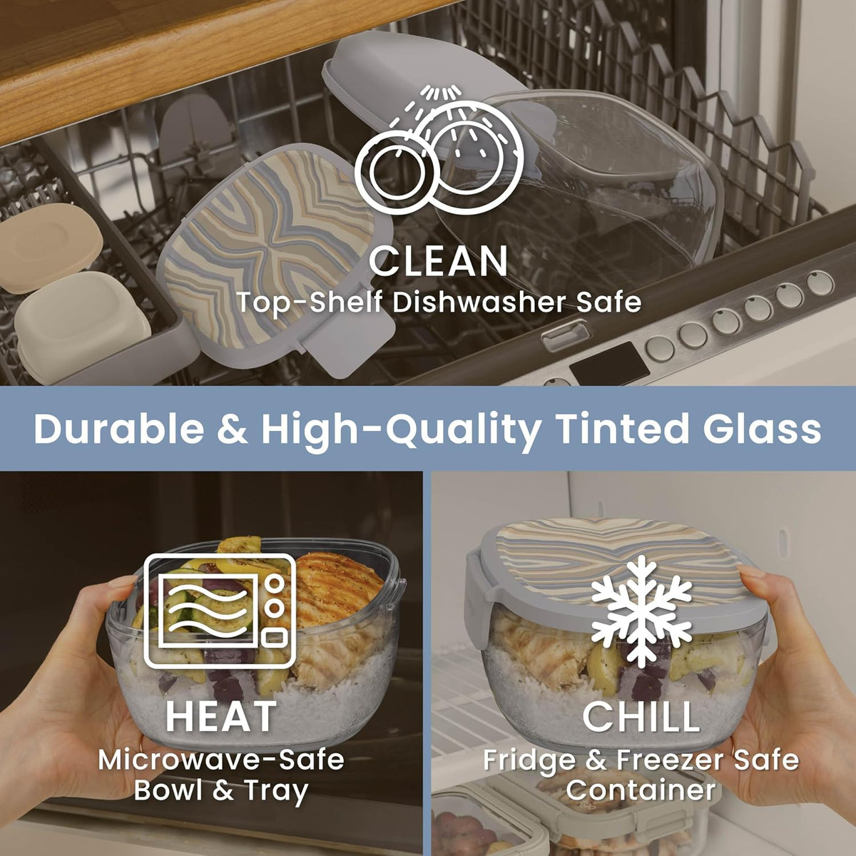 Glass Prints Salad Container - 7.6-Cup Tinted Glass Salad Bowl with Airtight Lid, Leak-Proof Sauce Container, 4-Compartment Bento Meal Prep Tray & Reusable Fork (Floral Maximalist - Sea)