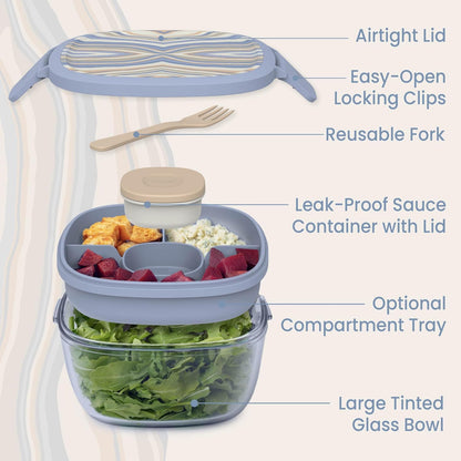 Glass Prints Salad Container - 7.6-Cup Tinted Glass Salad Bowl with Airtight Lid, Leak-Proof Sauce Container, 4-Compartment Bento Meal Prep Tray & Reusable Fork (Floral Maximalist - Sea)