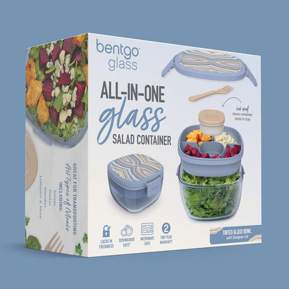 Glass Prints Salad Container - 7.6-Cup Tinted Glass Salad Bowl with Airtight Lid, Leak-Proof Sauce Container, 4-Compartment Bento Meal Prep Tray & Reusable Fork (Floral Maximalist - Sea)