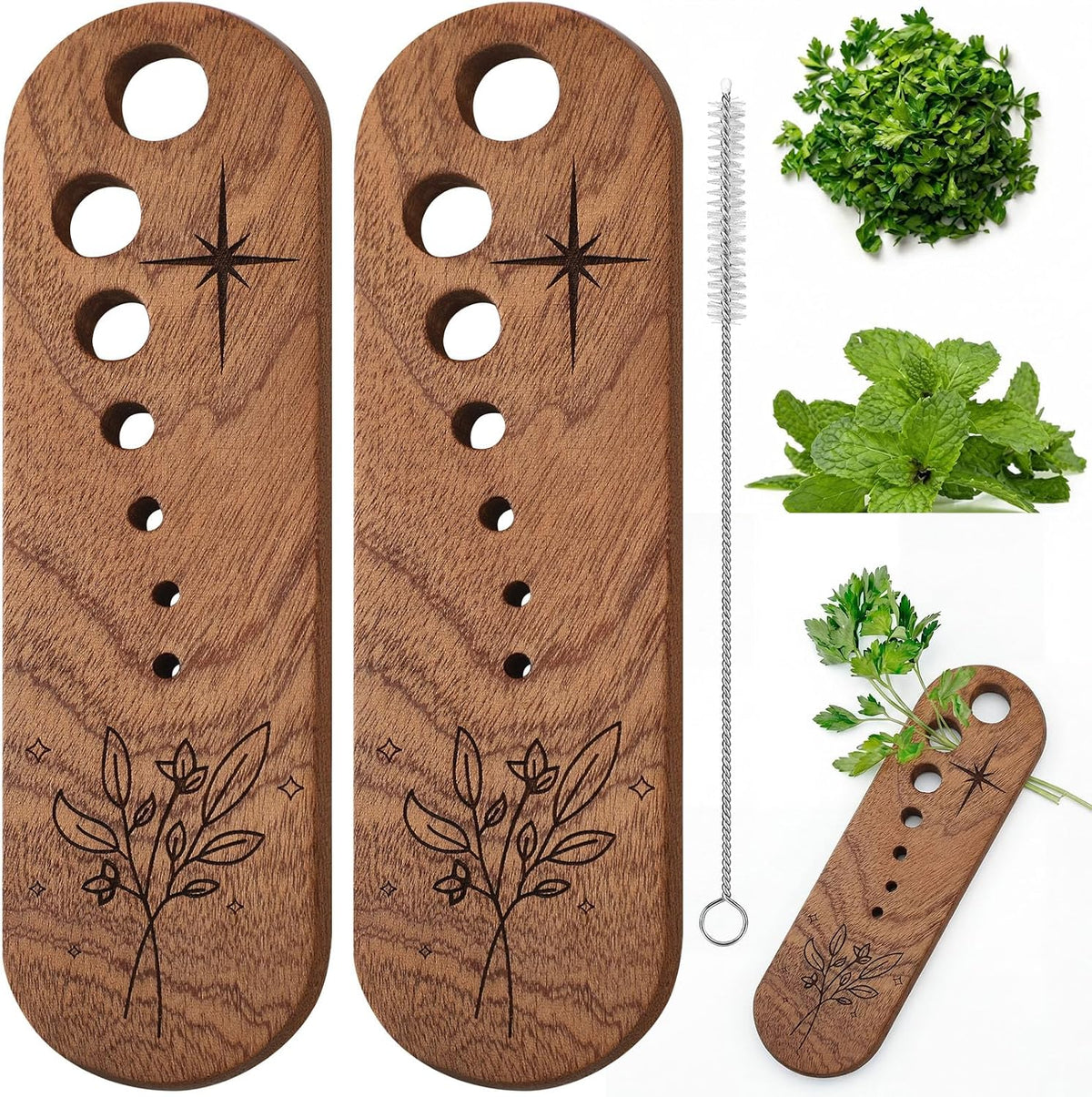 2 Pcs Wooden Herb Stripper, 7 Hole Leaf Separator Tool