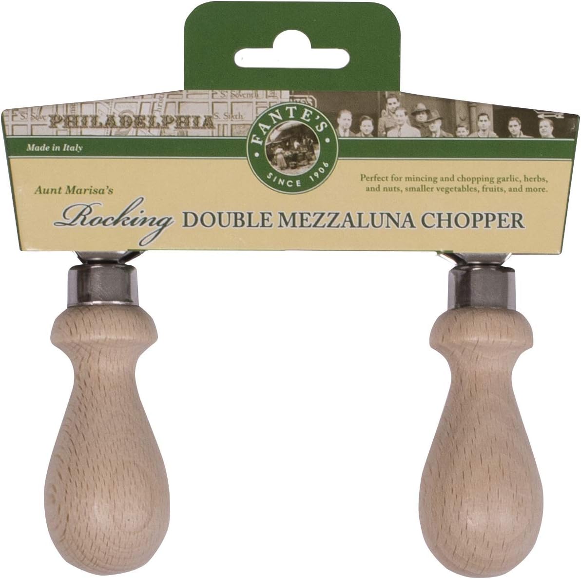 Double Mezzaluna Vegetable Chopper Rocking Knife, 5.5-Inch Stainless Steel Blade with Beechwood Handles, The Italian Market Original since 1906,Brown