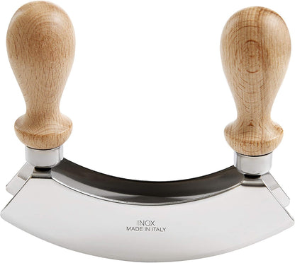 Double Mezzaluna Vegetable Chopper Rocking Knife, 5.5-Inch Stainless Steel Blade with Beechwood Handles, The Italian Market Original since 1906,Brown