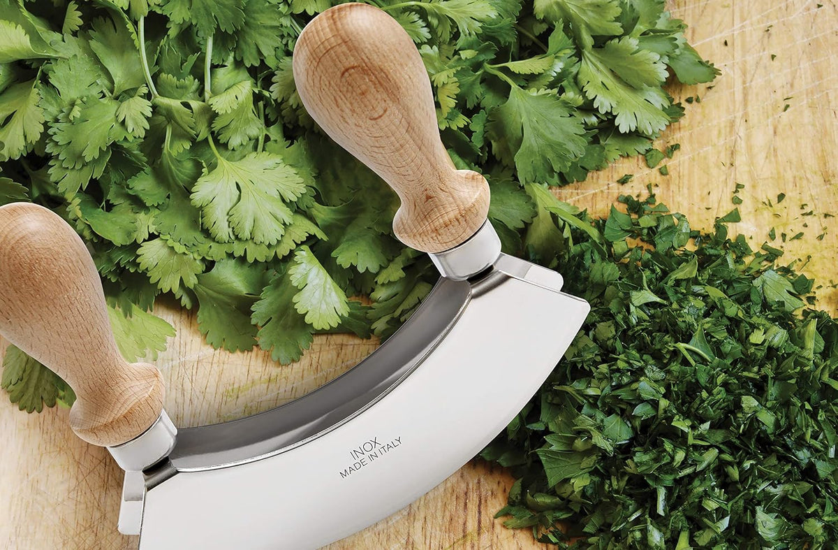 Double Mezzaluna Vegetable Chopper Rocking Knife, 5.5-Inch Stainless Steel Blade with Beechwood Handles, The Italian Market Original since 1906,Brown