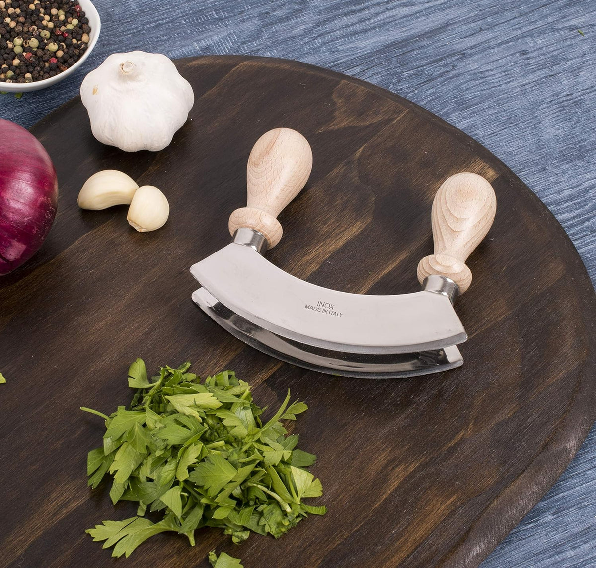 Double Mezzaluna Vegetable Chopper Rocking Knife, 5.5-Inch Stainless Steel Blade with Beechwood Handles, The Italian Market Original since 1906,Brown
