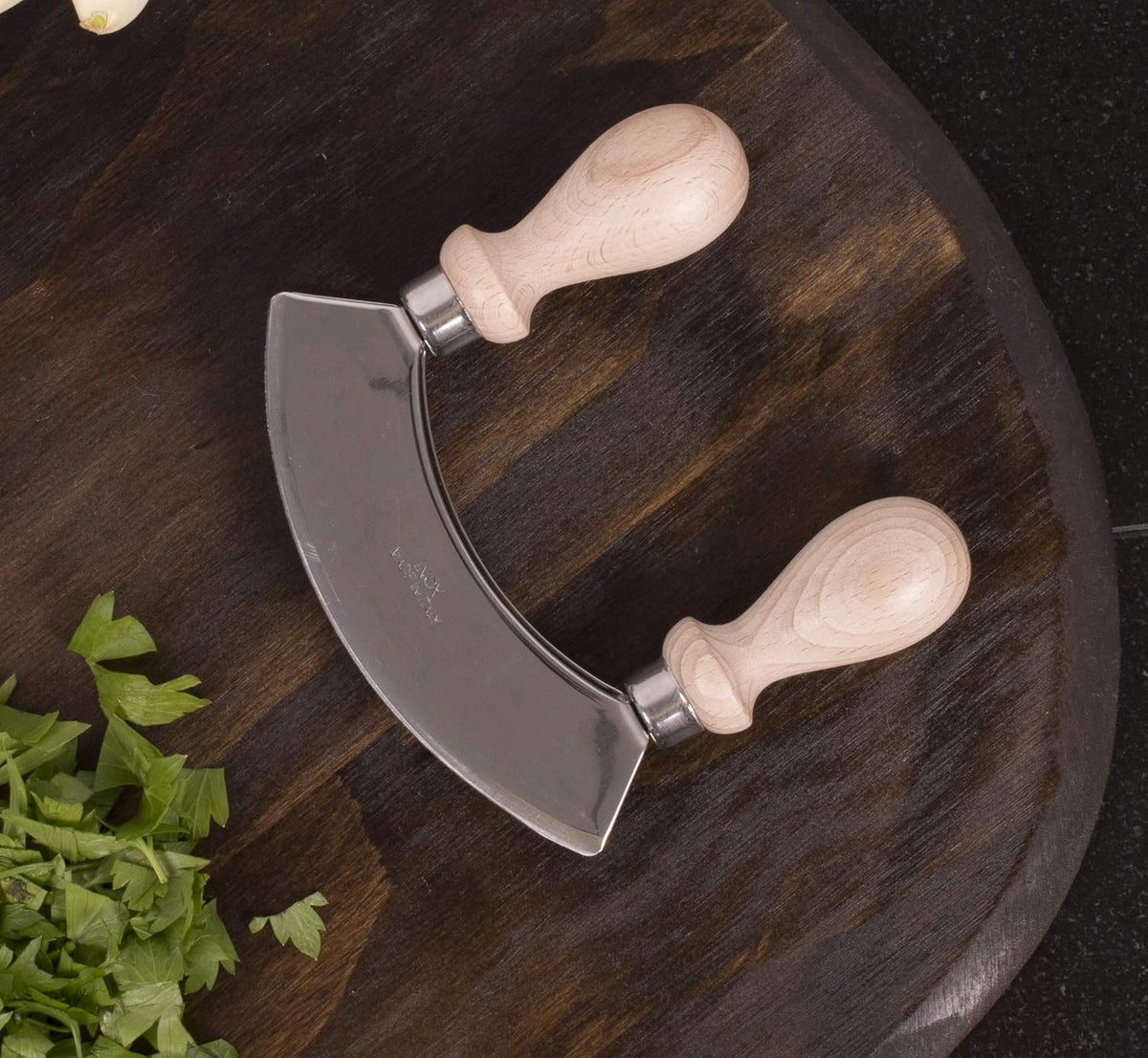 Double Mezzaluna Vegetable Chopper Rocking Knife, 5.5-Inch Stainless Steel Blade with Beechwood Handles, The Italian Market Original since 1906,Brown