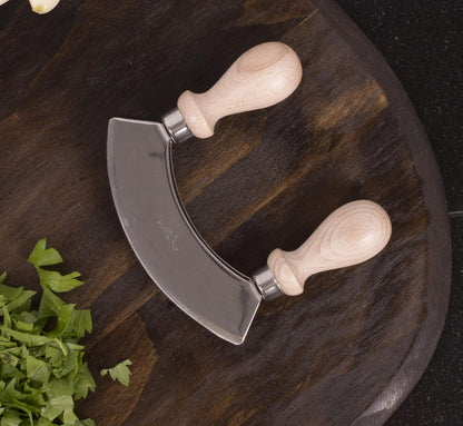 Double Mezzaluna Vegetable Chopper Rocking Knife, 5.5-Inch Stainless Steel Blade with Beechwood Handles, The Italian Market Original since 1906,Brown