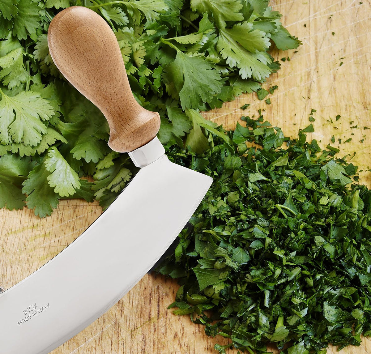 Double Mezzaluna Vegetable Chopper Rocking Knife, 5.5-Inch Stainless Steel Blade with Beechwood Handles, The Italian Market Original since 1906,Brown