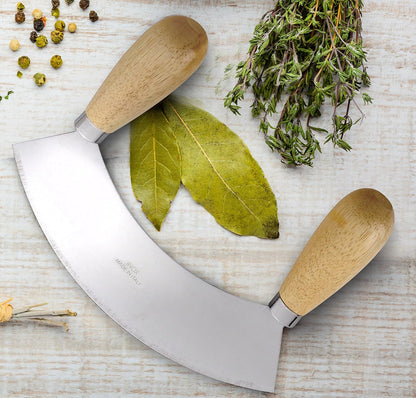 Double Mezzaluna Vegetable Chopper Rocking Knife, 5.5-Inch Stainless Steel Blade with Beechwood Handles, The Italian Market Original since 1906,Brown