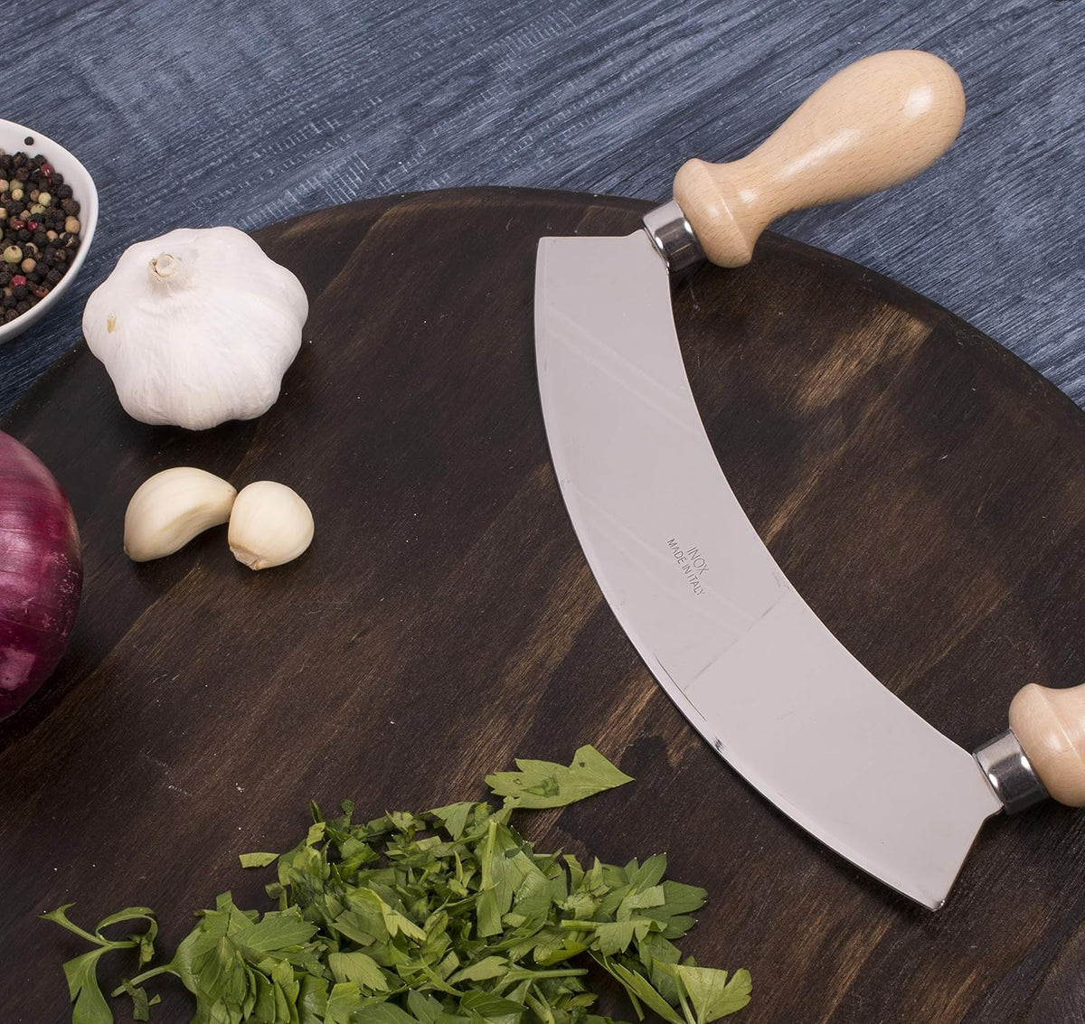 Double Mezzaluna Vegetable Chopper Rocking Knife, 5.5-Inch Stainless Steel Blade with Beechwood Handles, The Italian Market Original since 1906,Brown