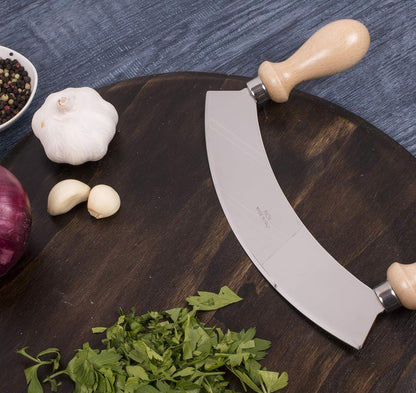 Double Mezzaluna Vegetable Chopper Rocking Knife, 5.5-Inch Stainless Steel Blade with Beechwood Handles, The Italian Market Original since 1906,Brown