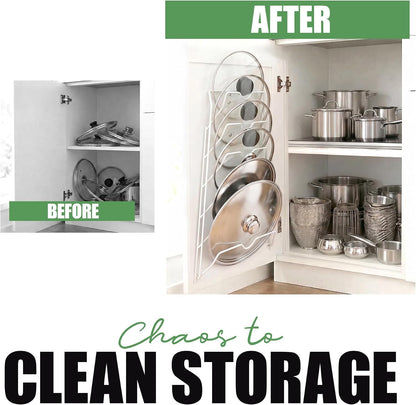 6 Pot Lid Organizer for Cabinet Door or Pantry Wall - Closet Door Pots and Pans Lids Holder - Glass or Metal Pan Covers Cabinet Organizer Kitchen Storage - White 6 Tier Lid Rack