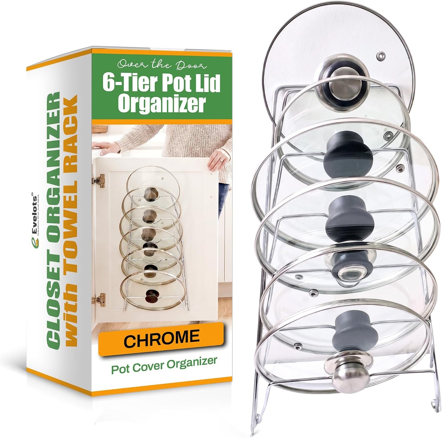 6 Pot Lid Organizer for Cabinet Door or Pantry Wall - Closet Door Pots and Pans Lids Holder - Glass or Metal Pan Covers Cabinet Organizer Kitchen Storage - White 6 Tier Lid Rack