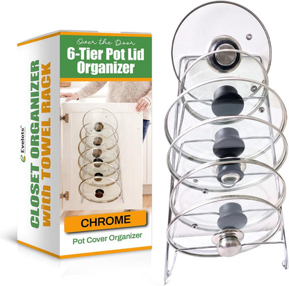 6 Pot Lid Organizer for Cabinet Door or Pantry Wall - Closet Door Pots and Pans Lids Holder - Glass or Metal Pan Covers Cabinet Organizer Kitchen Storage - White 6 Tier Lid Rack