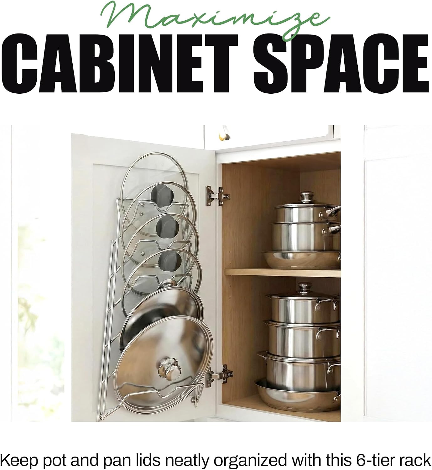 6 Pot Lid Organizer for Cabinet Door or Pantry Wall - Closet Door Pots and Pans Lids Holder - Glass or Metal Pan Covers Cabinet Organizer Kitchen Storage - White 6 Tier Lid Rack