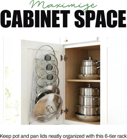 6 Pot Lid Organizer for Cabinet Door or Pantry Wall - Closet Door Pots and Pans Lids Holder - Glass or Metal Pan Covers Cabinet Organizer Kitchen Storage - White 6 Tier Lid Rack