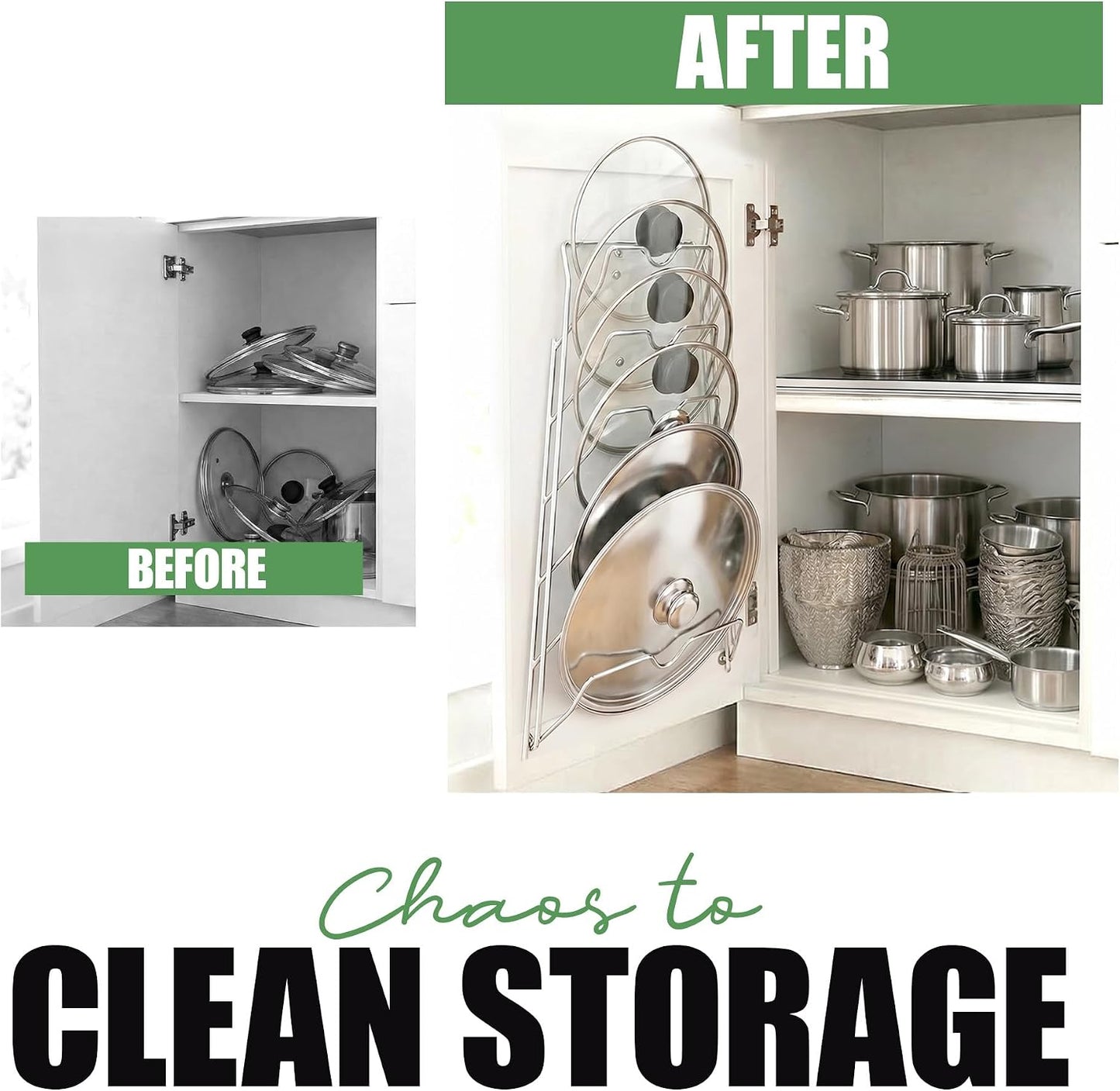 6 Pot Lid Organizer for Cabinet Door or Pantry Wall - Closet Door Pots and Pans Lids Holder - Glass or Metal Pan Covers Cabinet Organizer Kitchen Storage - White 6 Tier Lid Rack