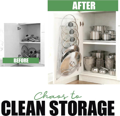 6 Pot Lid Organizer for Cabinet Door or Pantry Wall - Closet Door Pots and Pans Lids Holder - Glass or Metal Pan Covers Cabinet Organizer Kitchen Storage - White 6 Tier Lid Rack