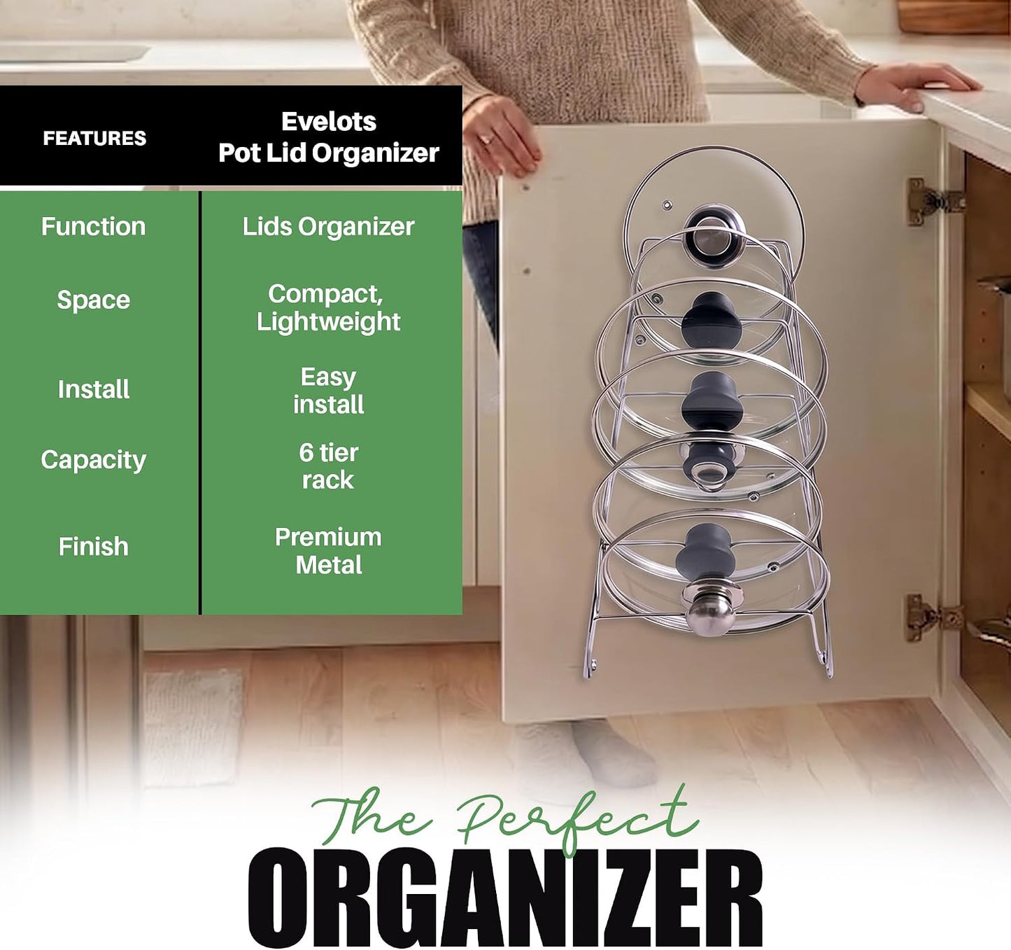 6 Pot Lid Organizer for Cabinet Door or Pantry Wall - Closet Door Pots and Pans Lids Holder - Glass or Metal Pan Covers Cabinet Organizer Kitchen Storage - White 6 Tier Lid Rack
