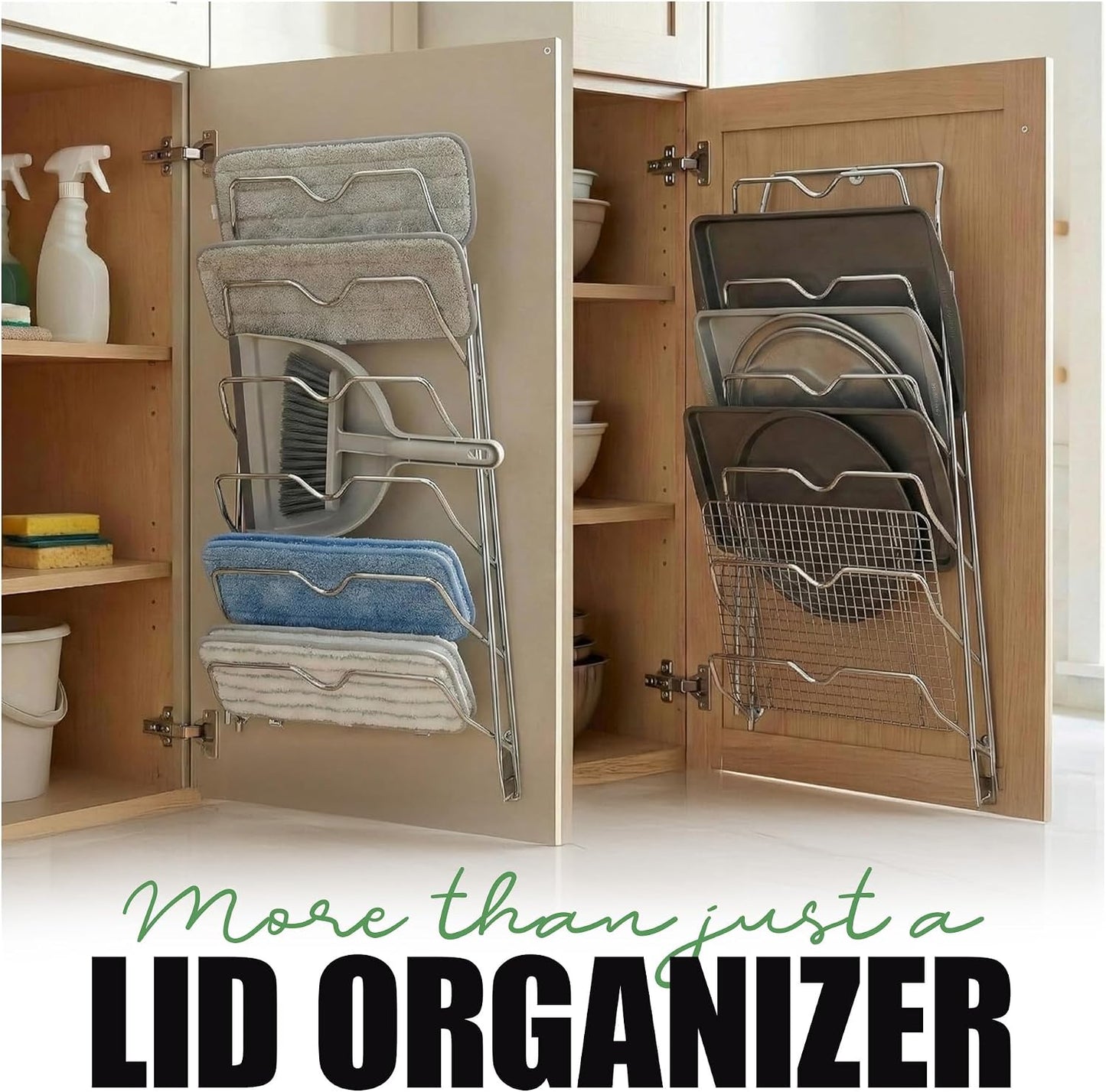 6 Pot Lid Organizer for Cabinet Door or Pantry Wall - Closet Door Pots and Pans Lids Holder - Glass or Metal Pan Covers Cabinet Organizer Kitchen Storage - White 6 Tier Lid Rack