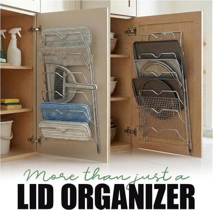 6 Pot Lid Organizer for Cabinet Door or Pantry Wall - Closet Door Pots and Pans Lids Holder - Glass or Metal Pan Covers Cabinet Organizer Kitchen Storage - White 6 Tier Lid Rack