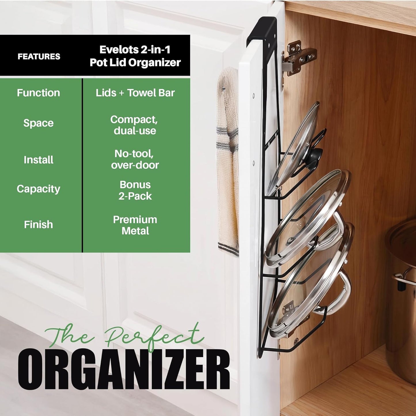 6 Pot Lid Organizer for Cabinet Door or Pantry Wall - Closet Door Pots and Pans Lids Holder - Glass or Metal Pan Covers Cabinet Organizer Kitchen Storage - White 6 Tier Lid Rack