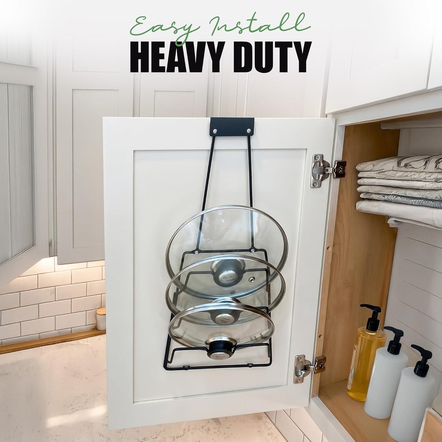 6 Pot Lid Organizer for Cabinet Door or Pantry Wall - Closet Door Pots and Pans Lids Holder - Glass or Metal Pan Covers Cabinet Organizer Kitchen Storage - White 6 Tier Lid Rack