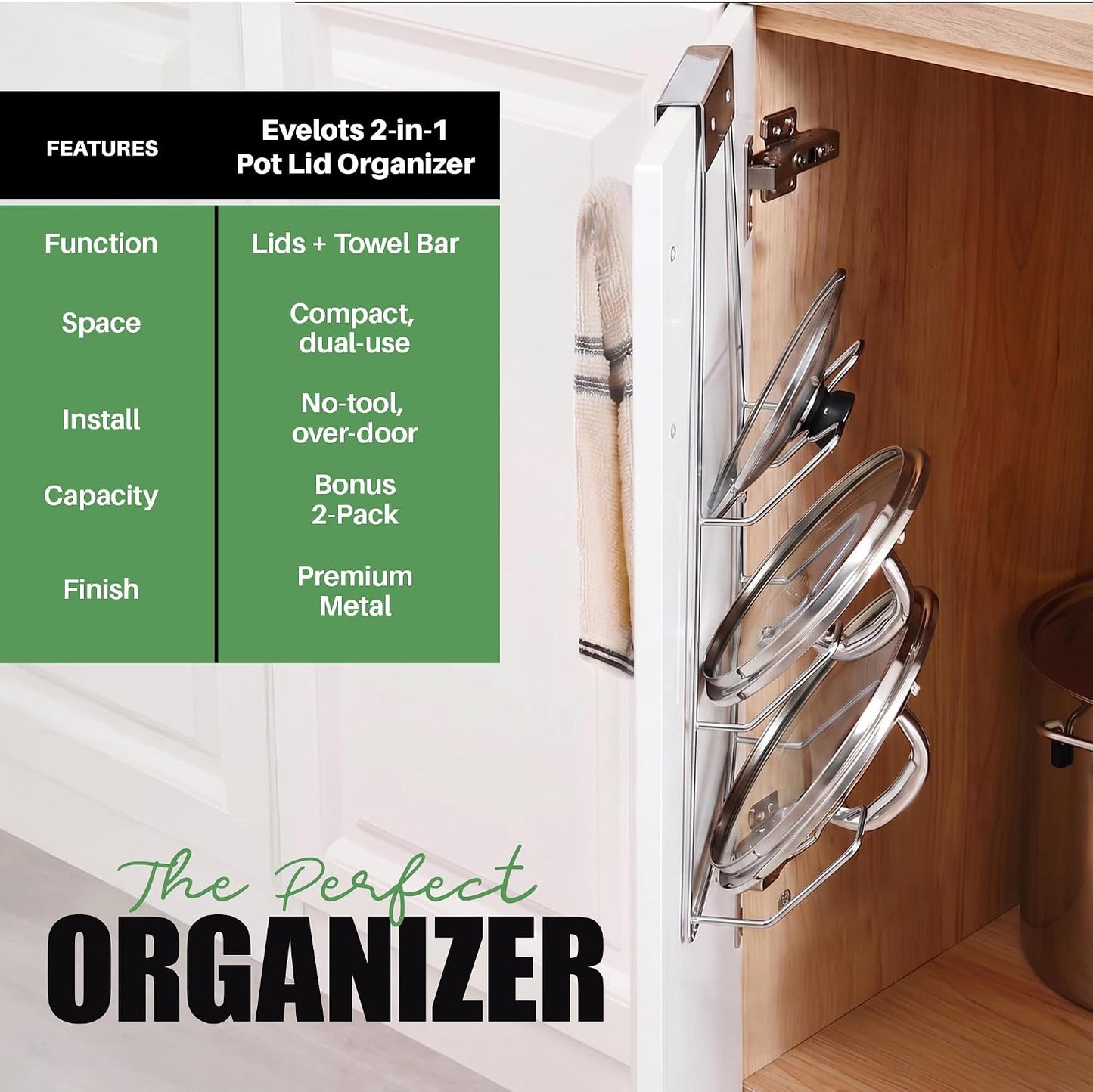 6 Pot Lid Organizer for Cabinet Door or Pantry Wall - Closet Door Pots and Pans Lids Holder - Glass or Metal Pan Covers Cabinet Organizer Kitchen Storage - White 6 Tier Lid Rack