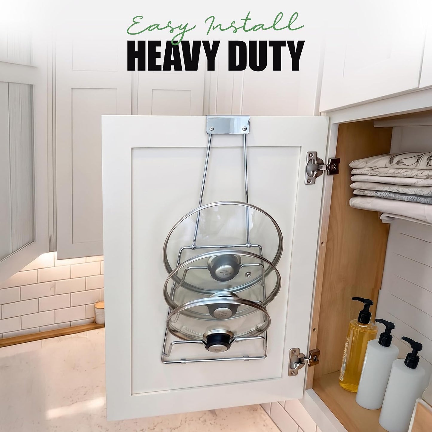 6 Pot Lid Organizer for Cabinet Door or Pantry Wall - Closet Door Pots and Pans Lids Holder - Glass or Metal Pan Covers Cabinet Organizer Kitchen Storage - White 6 Tier Lid Rack