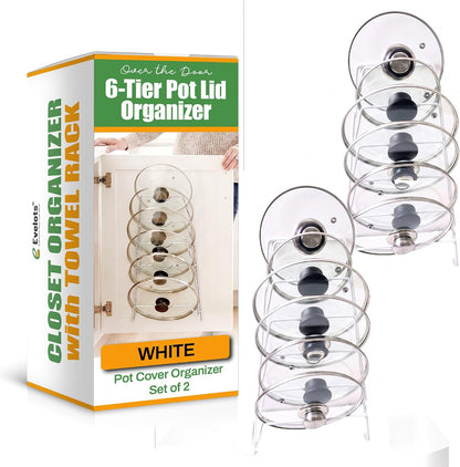6 Pot Lid Organizer for Cabinet Door or Pantry Wall - Closet Door Pots and Pans Lids Holder - Glass or Metal Pan Covers Cabinet Organizer Kitchen Storage - White 6 Tier Lid Rack