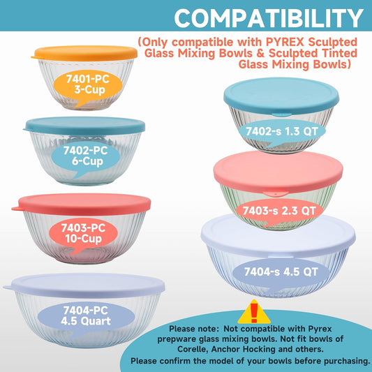 4-Pack Silicone Lids for Pyrex Sculpted Glass Mixing Bowls - Assorted Sizes Fit with 7401-S 3-cup, 7402-S 6-cup, 7403-S 10-cup, & 7404-S 4.5-Quart, Dishwasher & Microwave Safe (Lids Only)