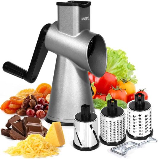 cheese grater hand crank manual, cheese shredder, High Grade steel housing-Vegetable Slicer salad shooter & vegetable shredder Rotary Grater Slicer for, Nuts, with 3 Interchangeable Blades