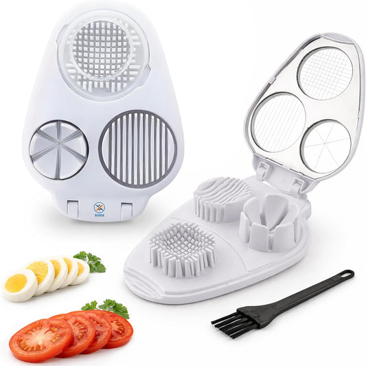 Egg Slicer for Hard Boiled Eggs – 3-in-1 Stainless Steel Egg Cutter & Hard Boiled Egg Slicer, Heavy Duty Egg Chopper with Cleaning Brush for Strawberry, Mushroom, Grape, Cherry Tomato