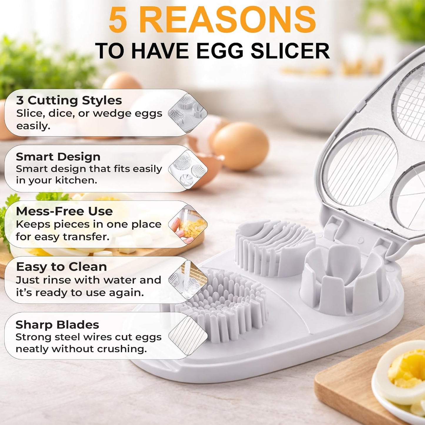 Egg Slicer for Hard Boiled Eggs – 3-in-1 Stainless Steel Egg Cutter & Hard Boiled Egg Slicer, Heavy Duty Egg Chopper with Cleaning Brush for Strawberry, Mushroom, Grape, Cherry Tomato