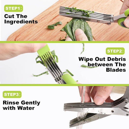 Herb Scissors, Premium Stainless Steel 5 Blade Kitchen Salad Scissors Dishwasher Safe, Sharp and Convenient 5 Blade with Safety Cover, Herb Stripping Tool and Cleaning Comb