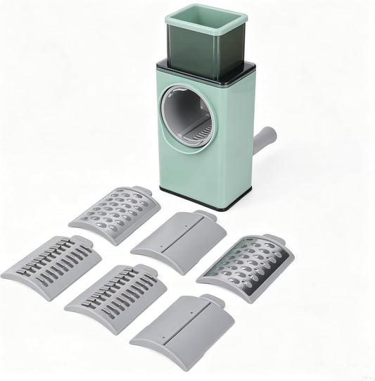 Vegetable Roller Cutter 5-in-1 Manual Grater with Handle | 5-in-1 Rotary slicer for veggies & cheese. Sharp stainless blades. Easy hand-crank operation. Compact & lightweight
