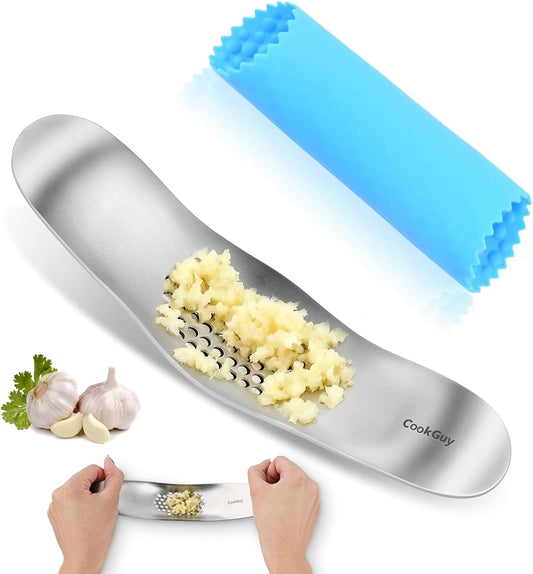 Garlic Press Rocker Set -304 Stainless Steel Premium | All-Steel Garlic Mincer, Crusher, Peeler, and Scraper Tool for Effortless Mincing –Dual-Handle Garlic Grinder(B0201)
