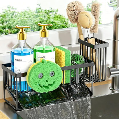 Cisily 8.26'' Sponge Holder for Kitchen Sink, Smiley Face Sink Caddy with Removable Brush Holder,Self-Draining Sponge Caddy for Sponge,Soap,Dish Brush,Scrubber,Kitchen Essentials and Gadgets
