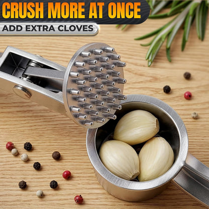 Metal Garlic Press - Ginger Mincer with 37 Built-In Studs for Maximum Extraction, Garlic Crusher for Ginger and Soft Nuts, Rust-Resistant, Ergonomic Handle, No Peel Needed, Hand Wash Only, Silver