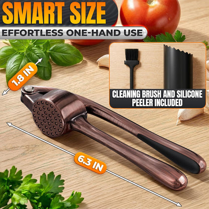Metal Garlic Press - Ginger Mincer with 37 Built-In Studs for Maximum Extraction, Garlic Crusher for Ginger and Soft Nuts, Rust-Resistant, Ergonomic Handle, No Peel Needed, Hand Wash Only, Silver