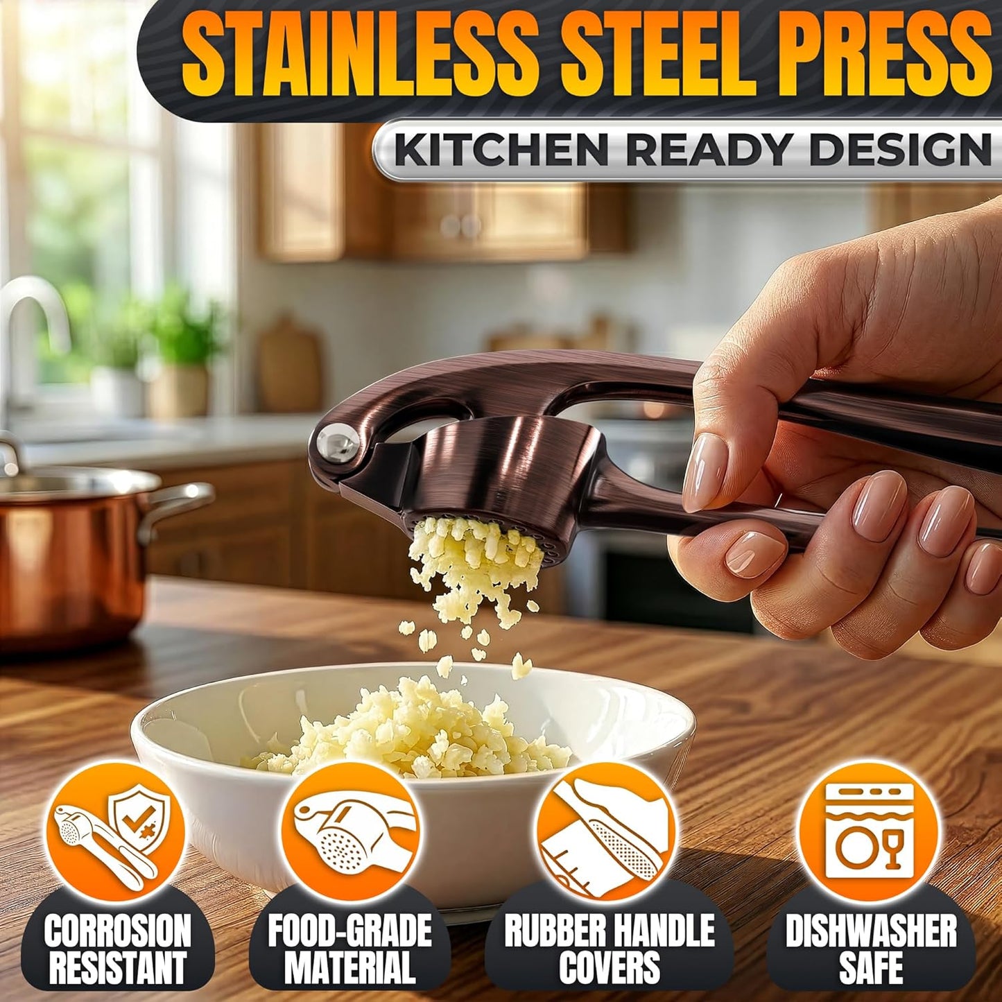 Metal Garlic Press - Ginger Mincer with 37 Built-In Studs for Maximum Extraction, Garlic Crusher for Ginger and Soft Nuts, Rust-Resistant, Ergonomic Handle, No Peel Needed, Hand Wash Only, Silver