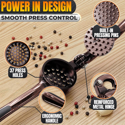 Metal Garlic Press - Ginger Mincer with 37 Built-In Studs for Maximum Extraction, Garlic Crusher for Ginger and Soft Nuts, Rust-Resistant, Ergonomic Handle, No Peel Needed, Hand Wash Only, Silver