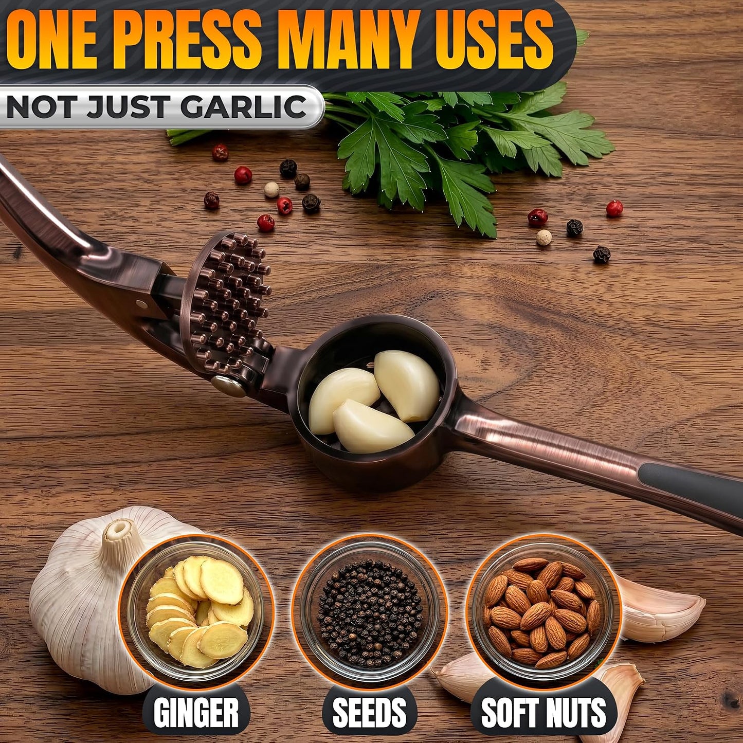 Metal Garlic Press - Ginger Mincer with 37 Built-In Studs for Maximum Extraction, Garlic Crusher for Ginger and Soft Nuts, Rust-Resistant, Ergonomic Handle, No Peel Needed, Hand Wash Only, Silver