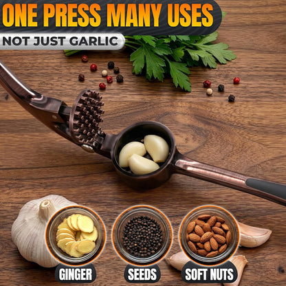 Metal Garlic Press - Ginger Mincer with 37 Built-In Studs for Maximum Extraction, Garlic Crusher for Ginger and Soft Nuts, Rust-Resistant, Ergonomic Handle, No Peel Needed, Hand Wash Only, Silver