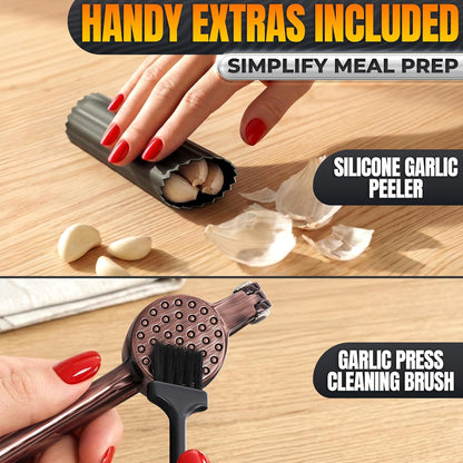 Metal Garlic Press - Ginger Mincer with 37 Built-In Studs for Maximum Extraction, Garlic Crusher for Ginger and Soft Nuts, Rust-Resistant, Ergonomic Handle, No Peel Needed, Hand Wash Only, Silver