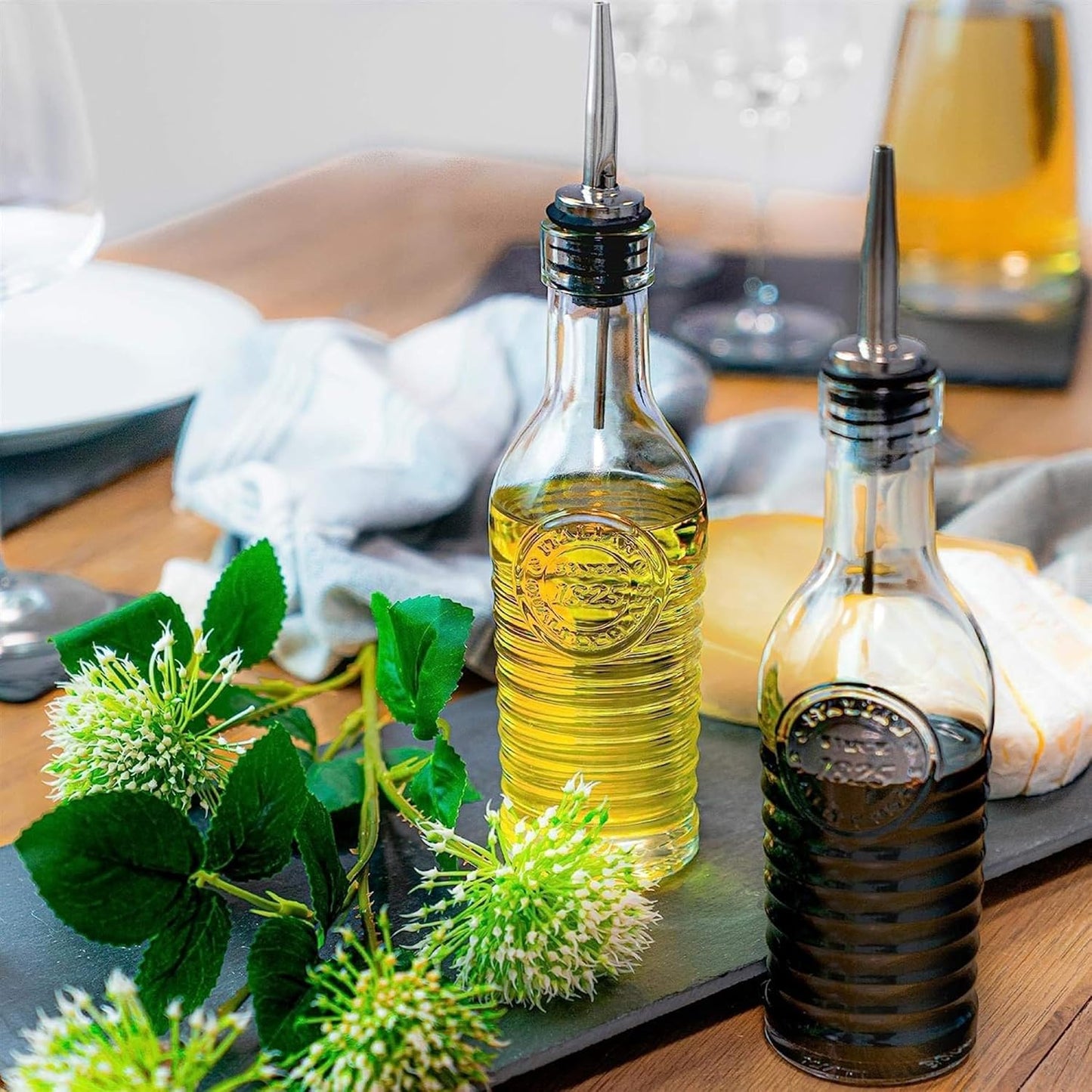 Officina 1825 Olive Oil/Vinegar Glass Bottles Stainless Steel Pouring Spout 268 ml (Pack of 2)