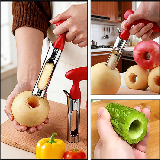 Apple Corer Tool, Stainless Steel Apple Core Remover with Safety Lid, Red | Sharp Serrated Blades, Ergonomic Non-Slip Handle, Easy-to-Clean Fruit Corer and tomato corer for Apples, Pears, Bell Peppers