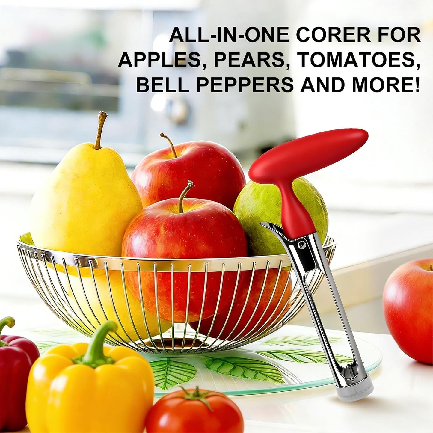 Apple Corer Tool, Stainless Steel Apple Core Remover with Safety Lid, Red | Sharp Serrated Blades, Ergonomic Non-Slip Handle, Easy-to-Clean Fruit Corer and tomato corer for Apples, Pears, Bell Peppers