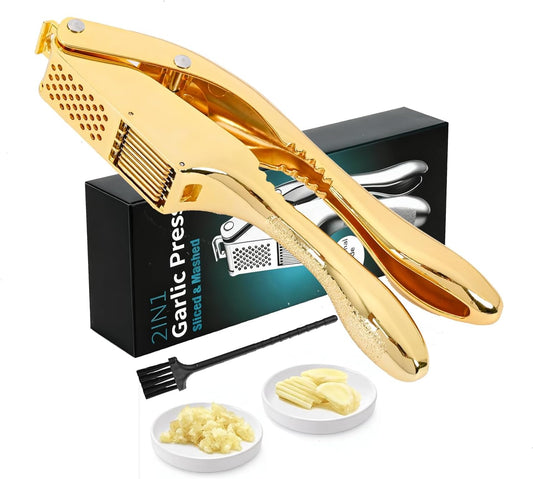 Garlic Press and Slicer 2 in 1, Rust Proof & Dishwasher Safe Professional Garlic Mincer Tool, Effortlessly Crush and Mince Garlic with this Ergonomic Handle-Garlic Slicer & Brush (Gold)