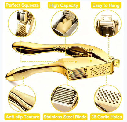 Garlic Press and Slicer 2 in 1, Rust Proof & Dishwasher Safe Professional Garlic Mincer Tool, Effortlessly Crush and Mince Garlic with this Ergonomic Handle-Garlic Slicer & Brush (Gold)