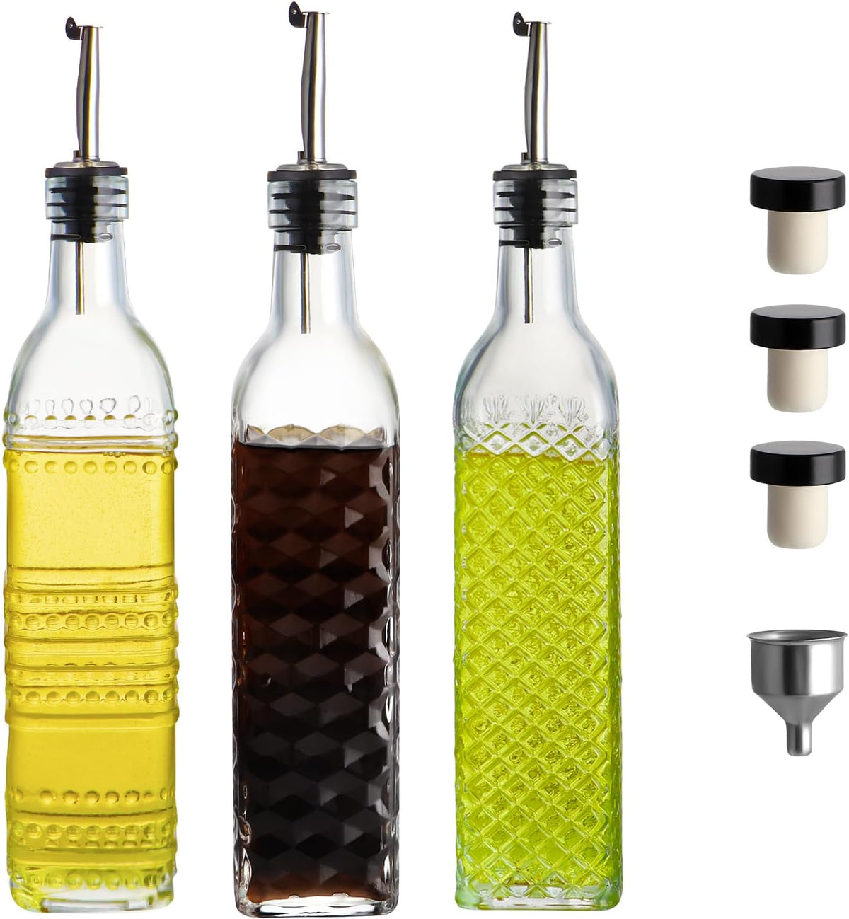 Oil and Vinegar Dispenser Set, 17oz Clear Glass Olive Oil Bottles, Kitchen Vinegar Decanters with 3 Spouts, 3 Plugs, 1 Funnel, Pack of 3